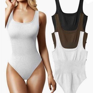 NEW 3 Pack Womens Bodysuits Sleeveless Ribbed Small Black Brown Ivory 90% Nylon